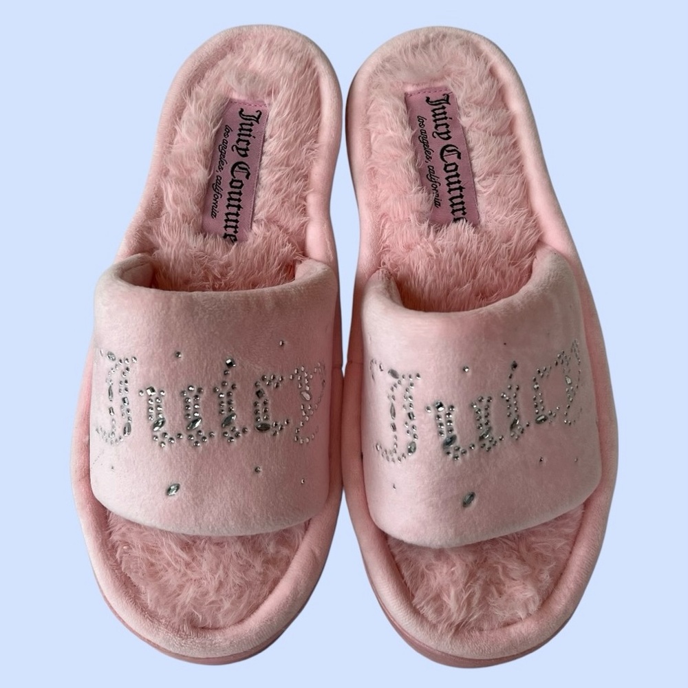 Juicy Couture Slippers Logo Rhinestones Klipsy Sz S 5-6 Pink Platform‎